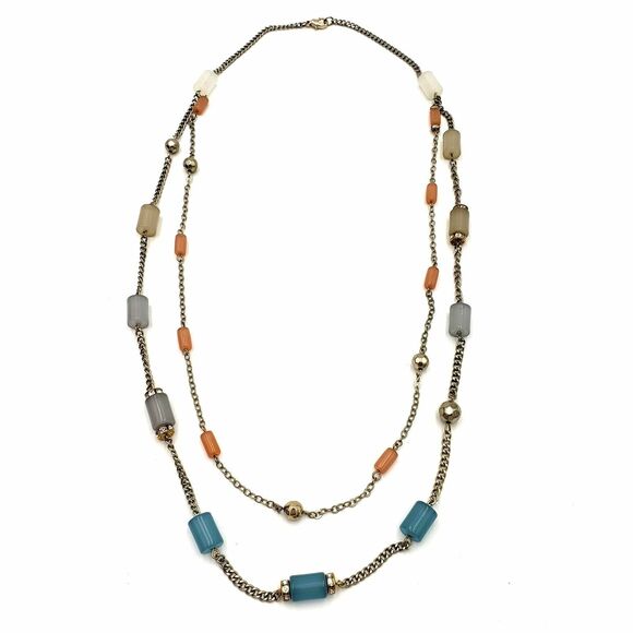 Gold Tone Satellite Cylinder Bead Necklace Blue Pink Green Gray Double Chain - Picture 3 of 12